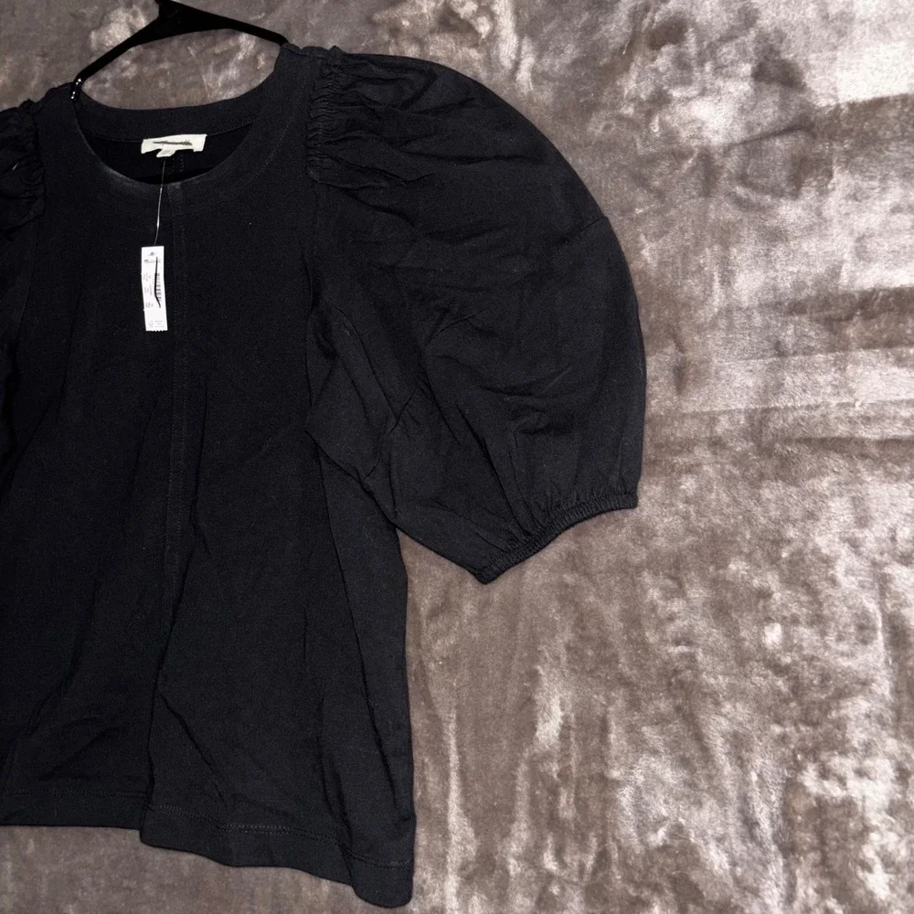 Madewell Womens XS Black Puff Sleeve Crew Neck Cotton Blend Top‎ Blouse